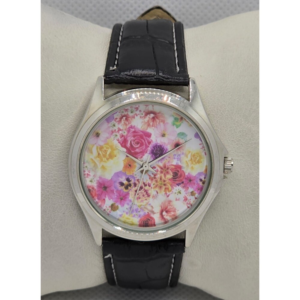 Women's Classic Round Floral Dial Silver Tone Case Black Leather Strap Watch 02